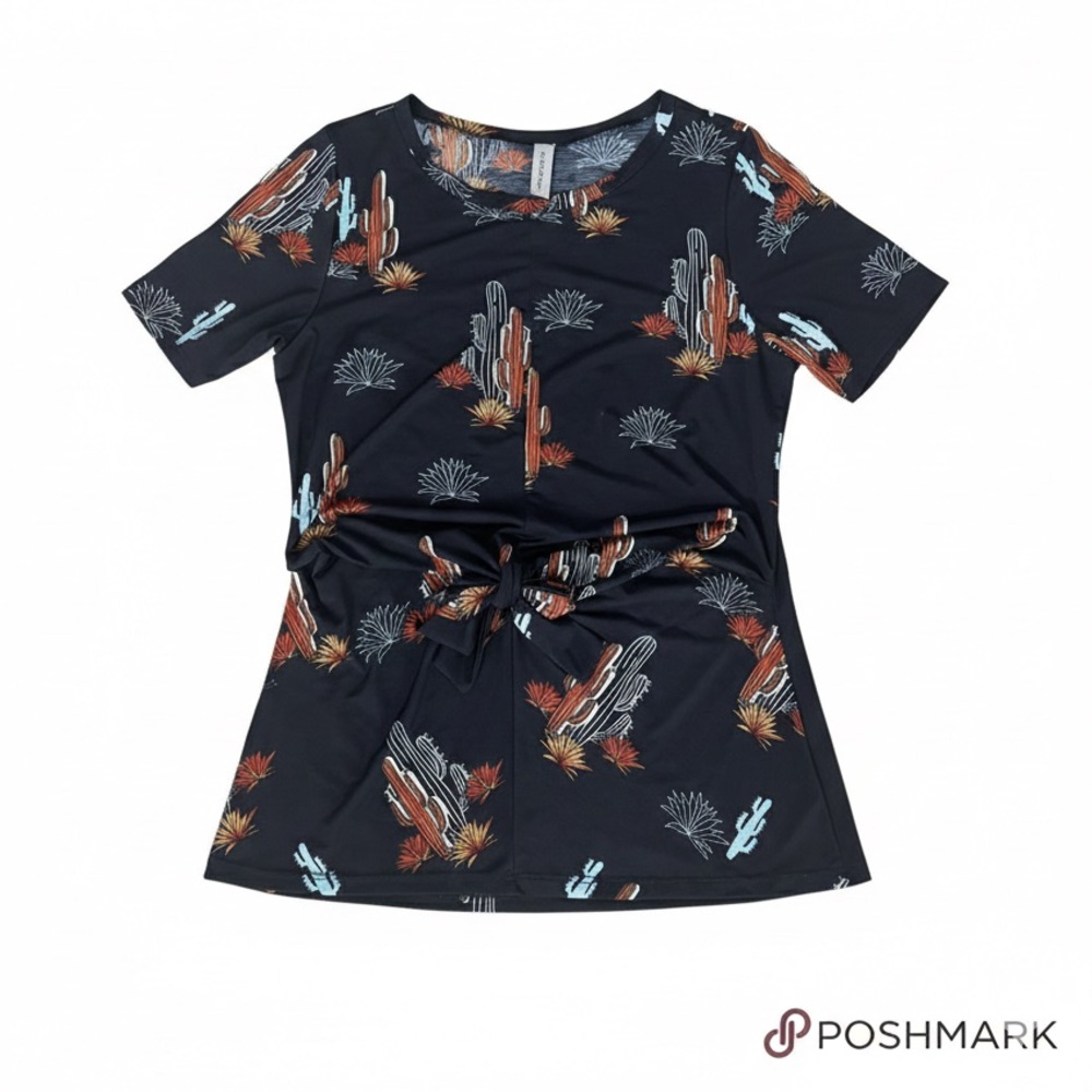 R.Rouge Cactus Print Tie-Front Top | Stretchy Midsection Flattering | Size M